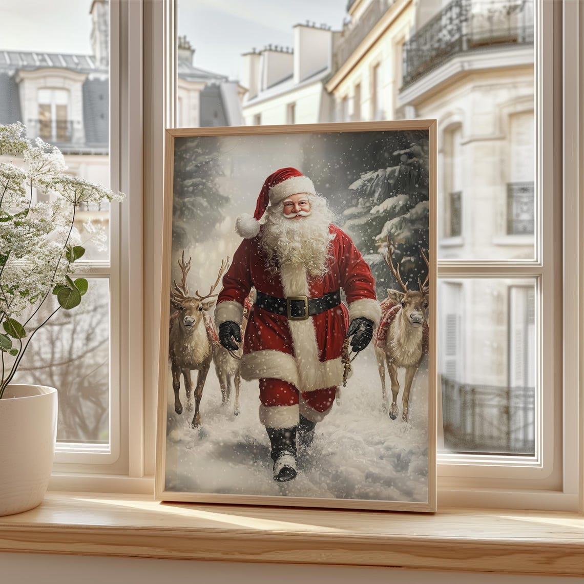 Santa Claus Walking with Reindeer in Snow Christmas Art Poster - Image 3