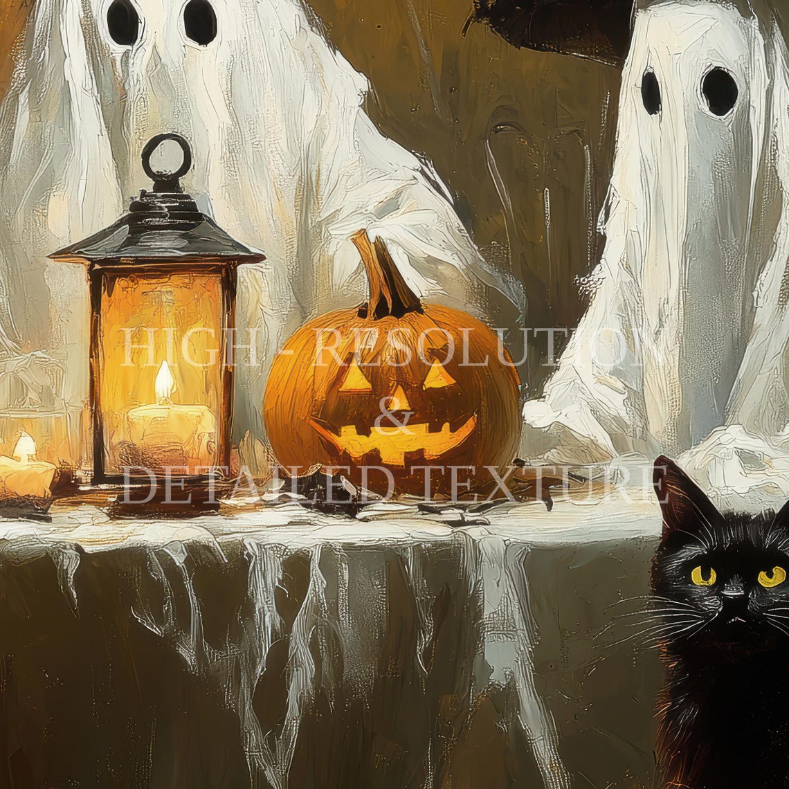 Three Ghosts In Witch Hats Black Cats Jack O Lanterns Halloween Poster - Image 3