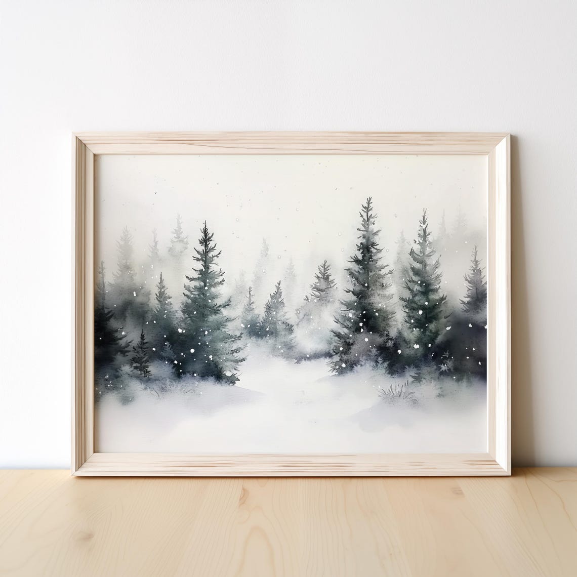 Misty Pine Forest Snowfall Soft Watercolor Landscape Art Poster - Image 4