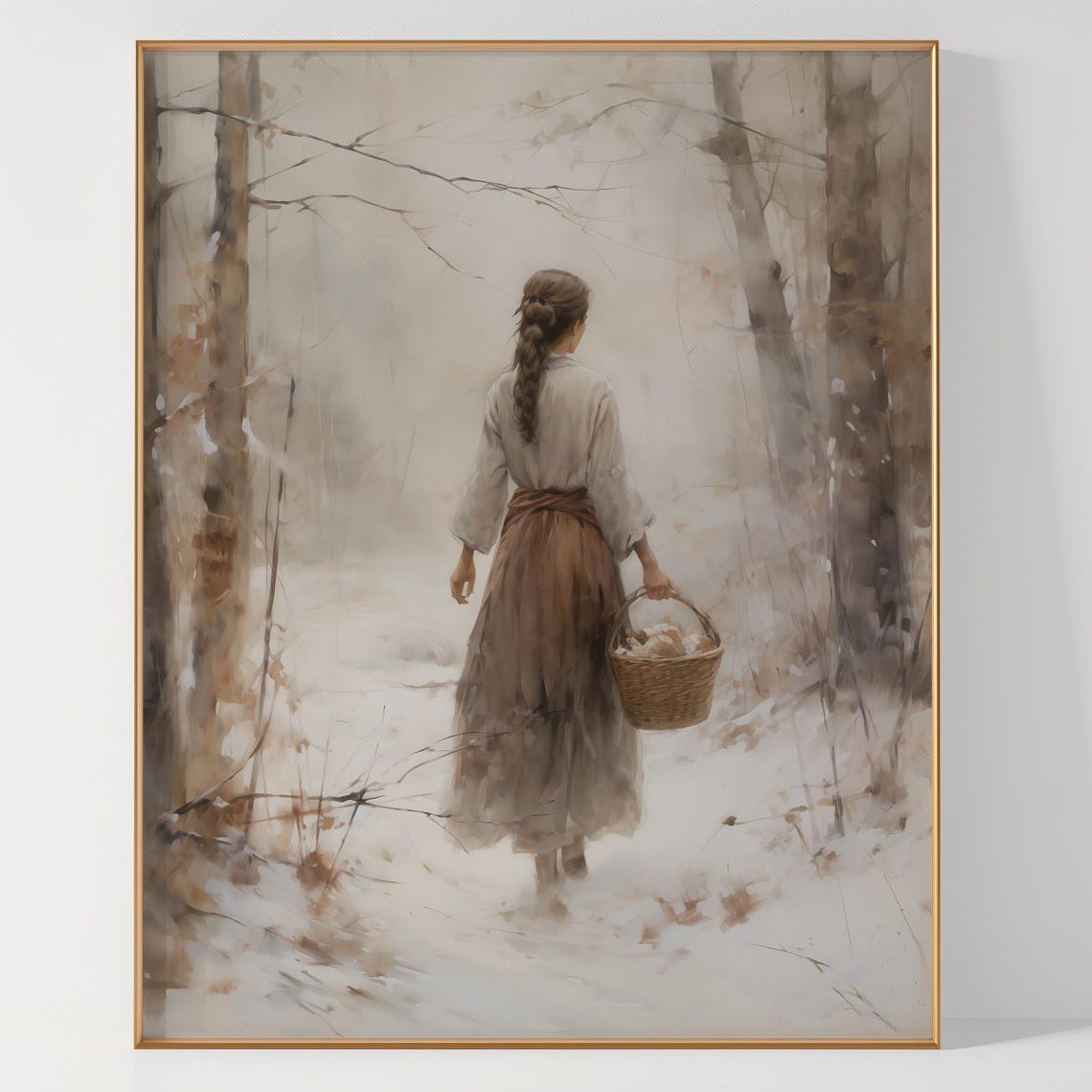 Woman Walking Snowy Forest with Basket Soft Watercolor Art Poster