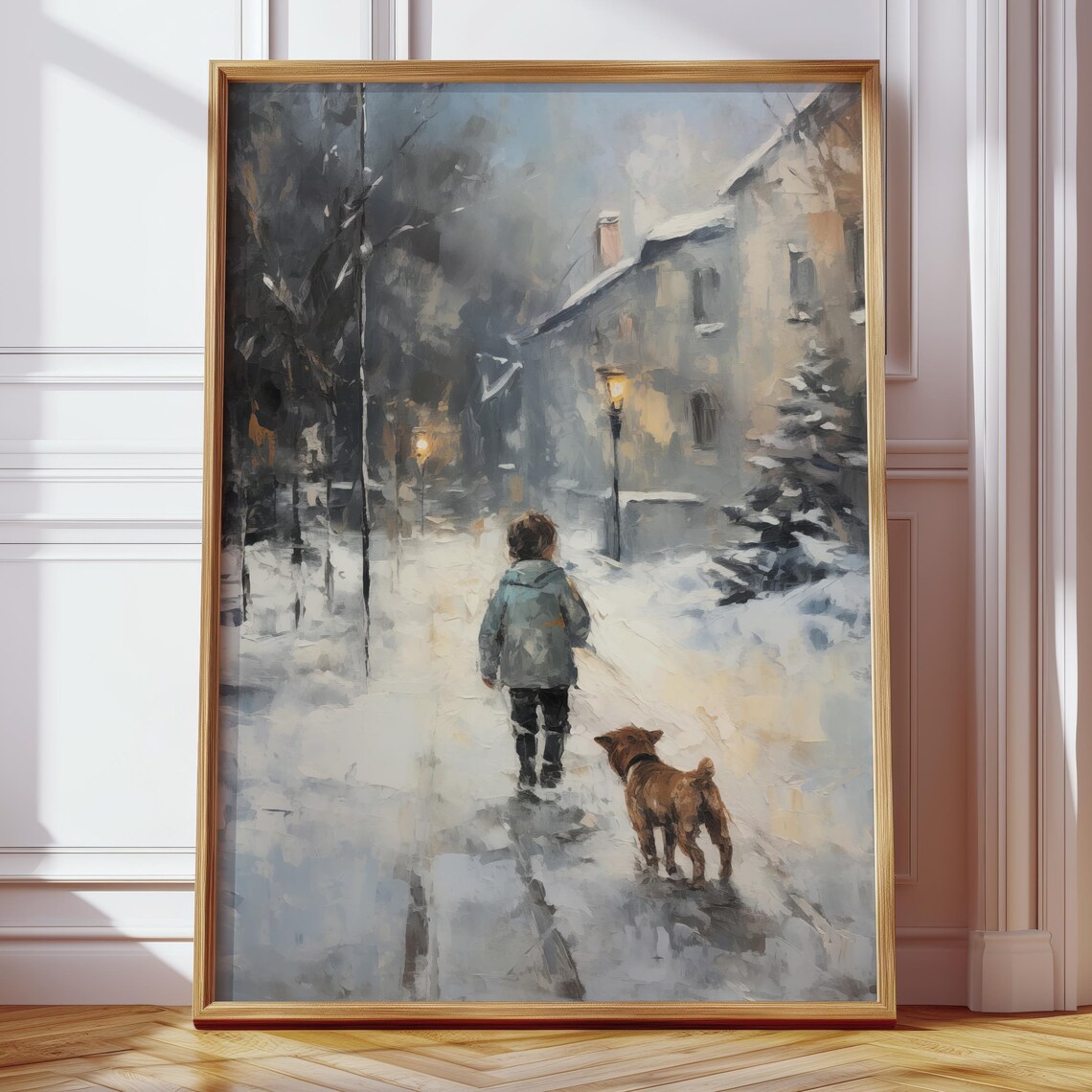 Child Walking with Dog on a Snowy Village Street Painting Poster - Image 4
