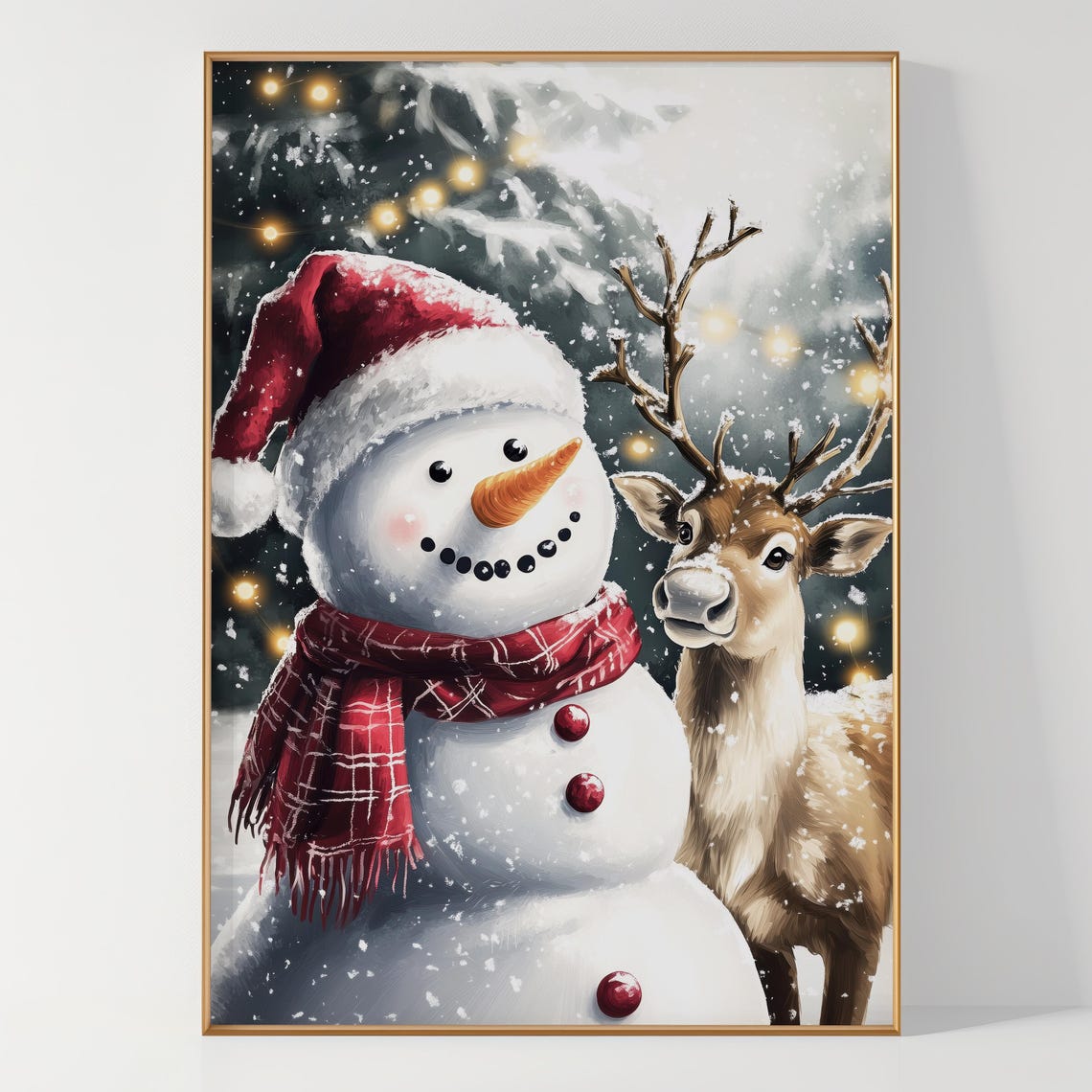 Smiling Snowman with Plaid Scarf and Reindeer Christmas Poster