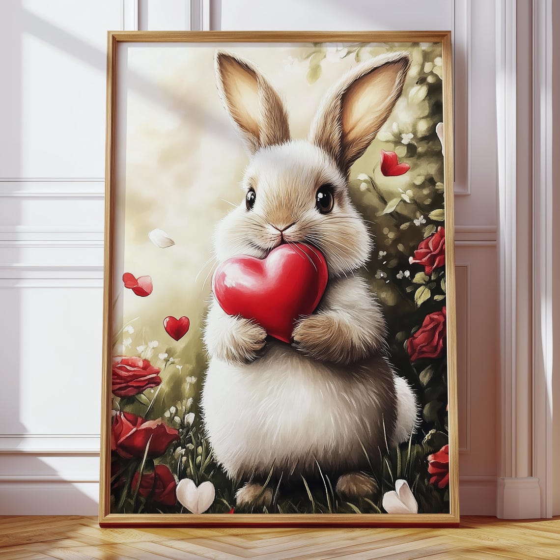 White Bunny Hugging Red Heart in Blooming Rose Garden Poster - Image 4