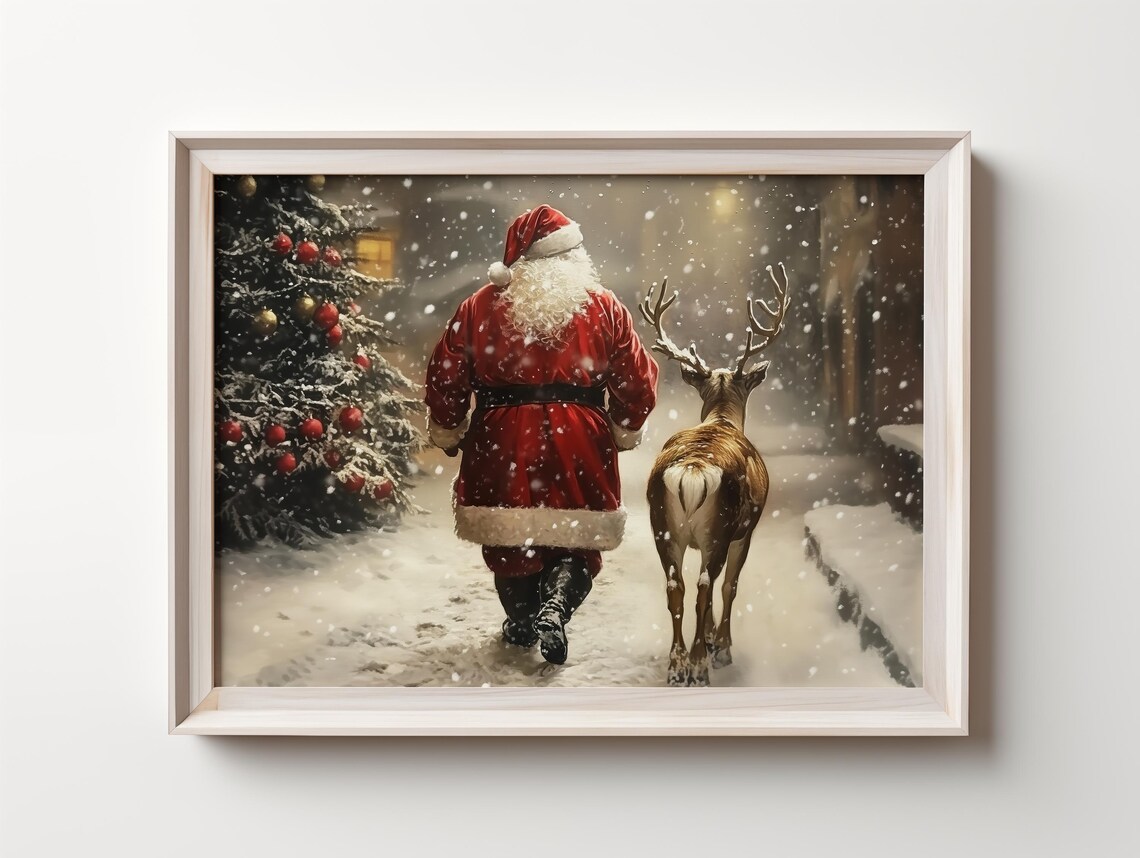 Santa Walking with Reindeer Down a Snowy Street Christmas Poster
