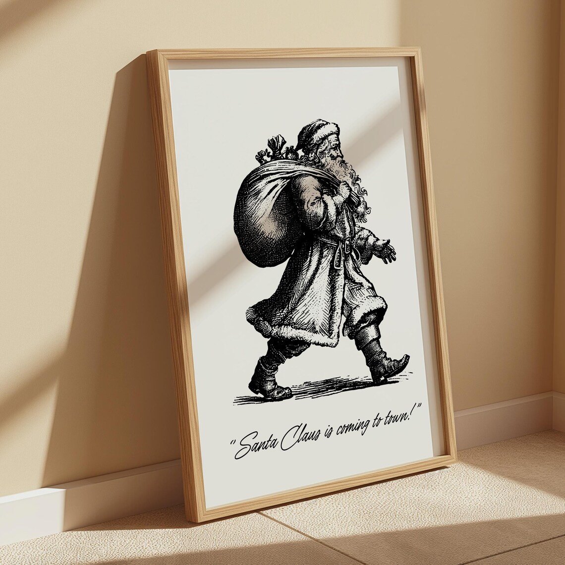 Vintage Santa Claus Is Coming To Town Engraving Christmas Poster