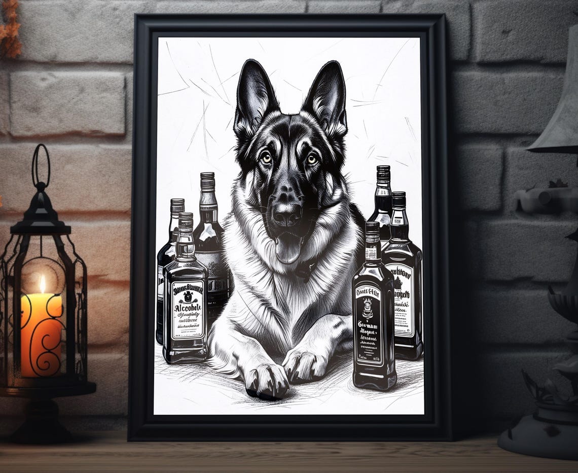 German Shepherd Lying Among Liquor Bottles Bar Sketch Poster
