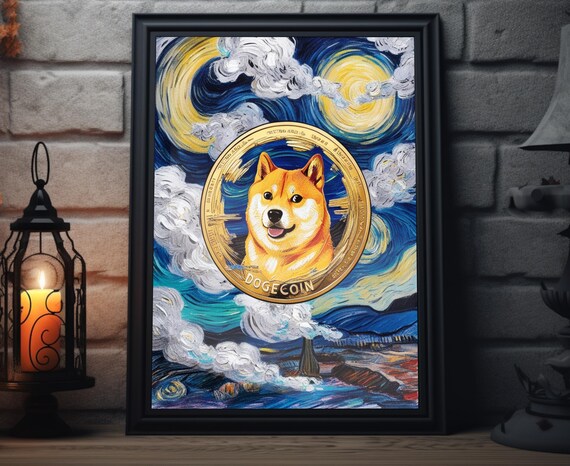 Starry Dogecoin Meme Art Print Cryptocurrency Painting Artwork Dogecoin Decor Poster Crypto Memecoin Wall Art For Collectors
