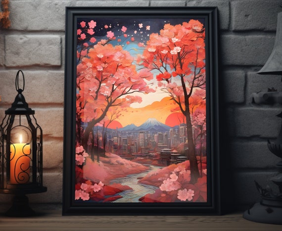 Japan Starry Sunset Matte Wall Art Japanese City Artwork Cherry Blossom Print Tokyo Painting Japanese Decor Japan Folk Art Poster