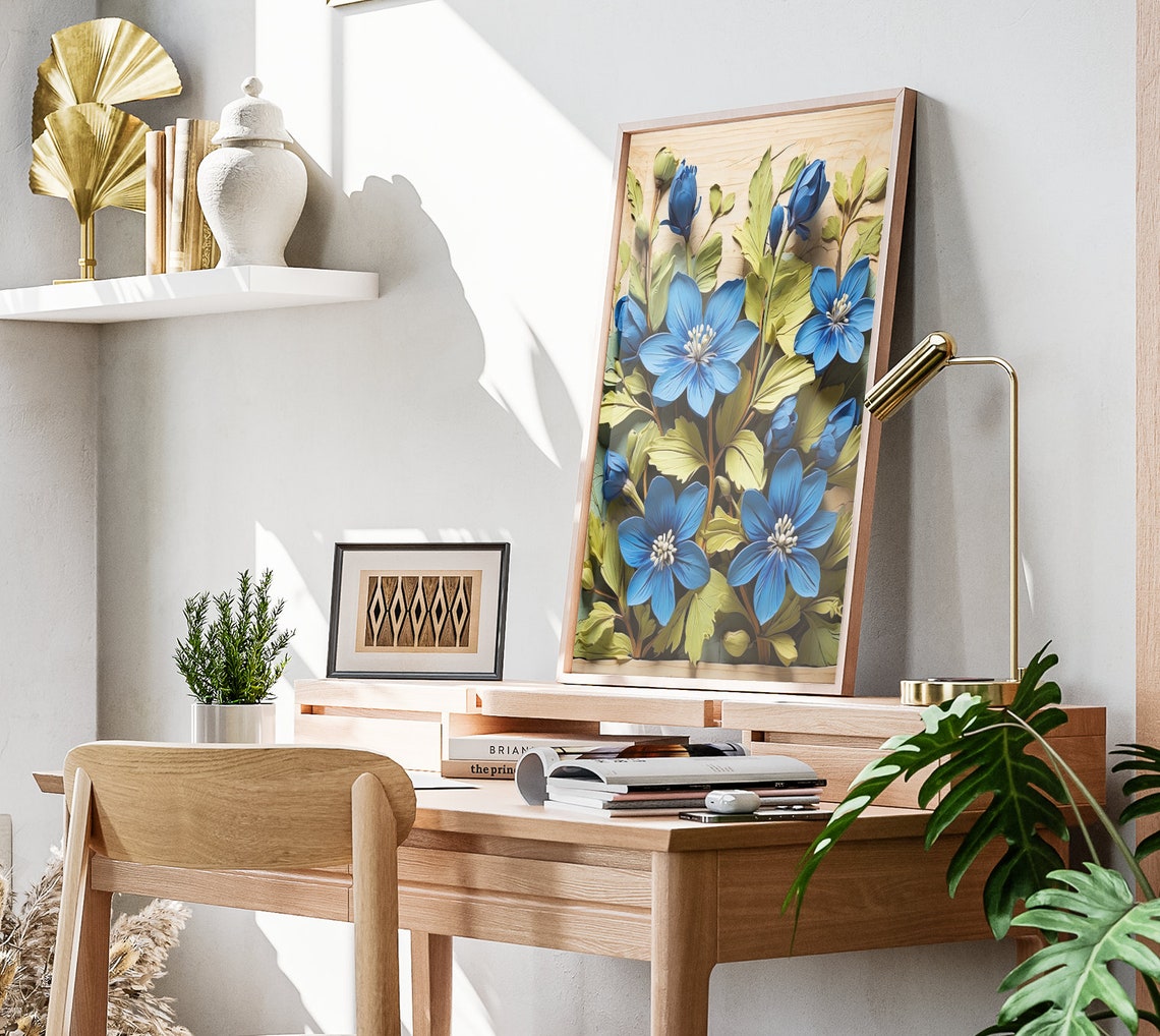 Blue Wildflower Sculpted 3D Blooms Wood Spring Botanical Poster - Image 3