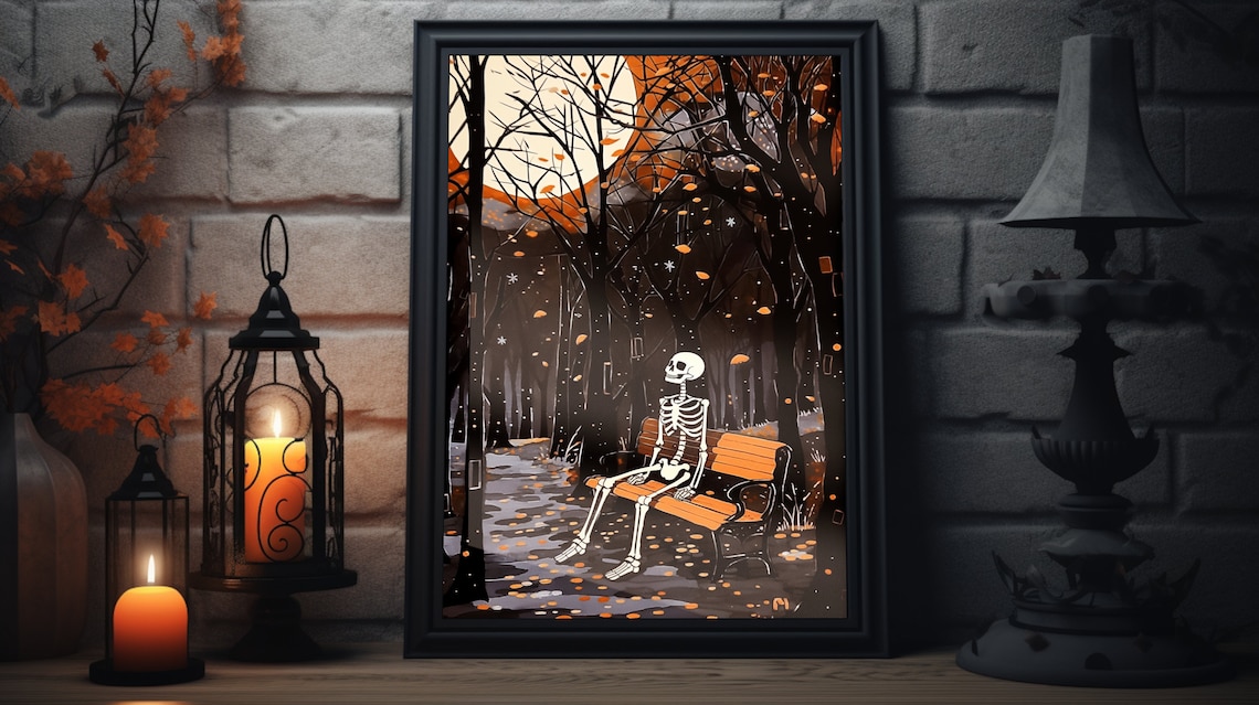 Skeleton In Park Halloween Poster, Vintage Decor