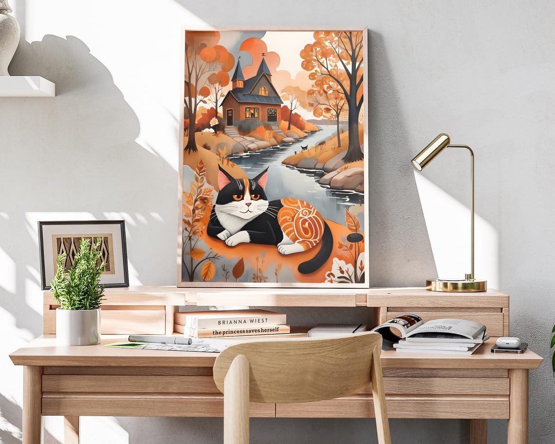 Calico Cat Lounging By Autumn River Church Cozy Folk Art Wall Poster - Image 4