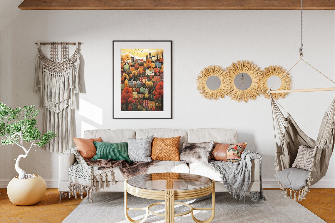 Colorful Autumn Town Church Harvest Hills Thanksgiving Poster - Image 2