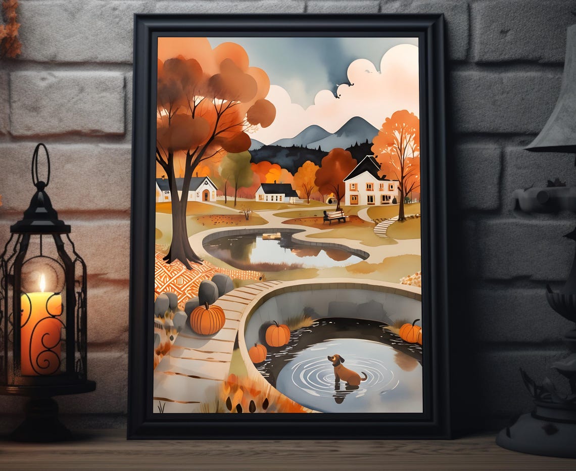 Autumn Park Puppy Pond Pumpkins Fall Foliage Cute Dog Art Poster
