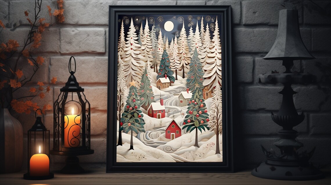 Christmas Folk Art Matte Poster, Winter Holiday Decor