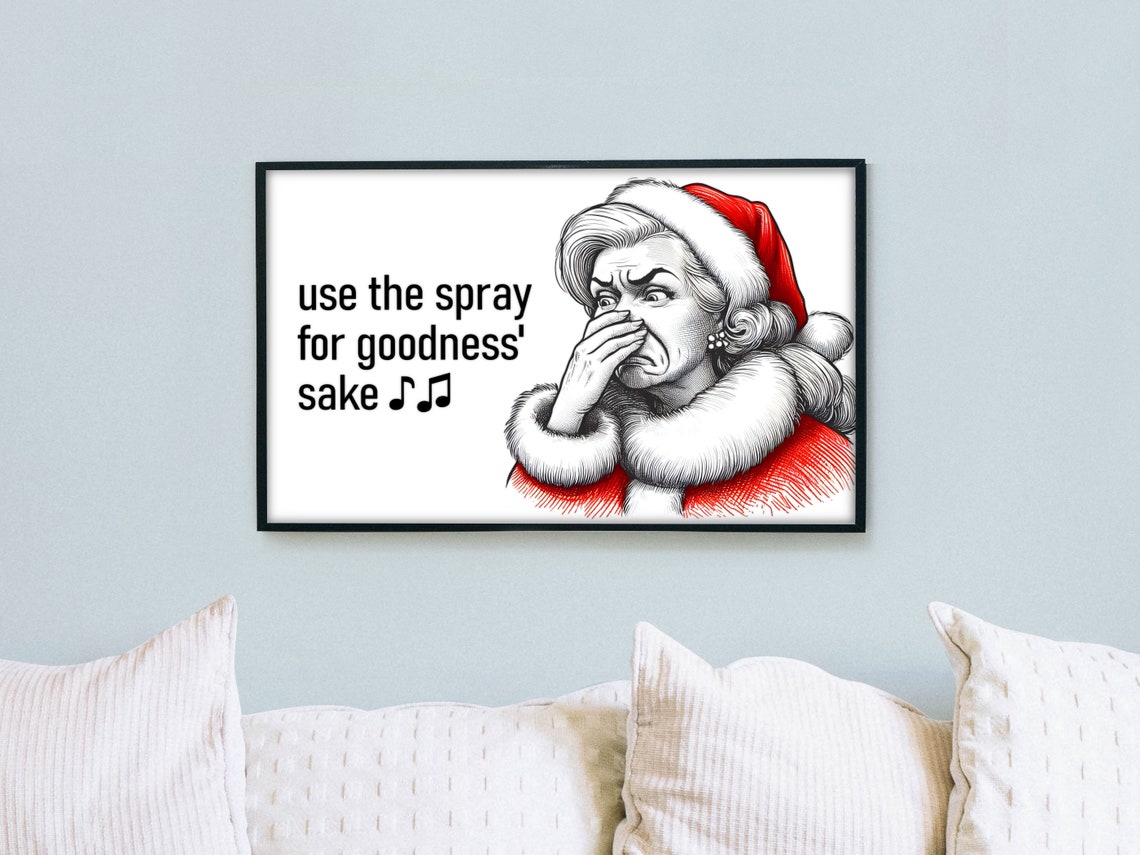 Funny Bathroom Humor Poster Mrs Claus Use the Spray for Goodness Sake - Image 3