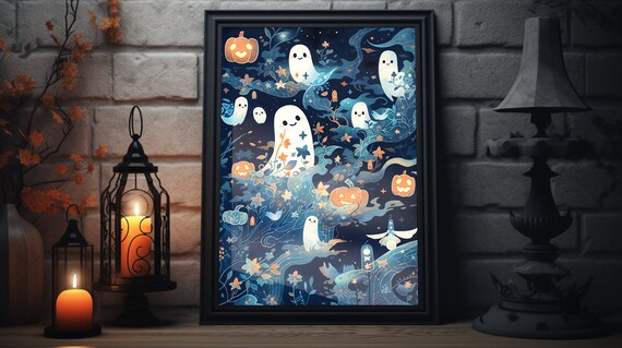Cute Ghosts Jack O Lantern Pumpkins Navy Night Halloween Art Poster