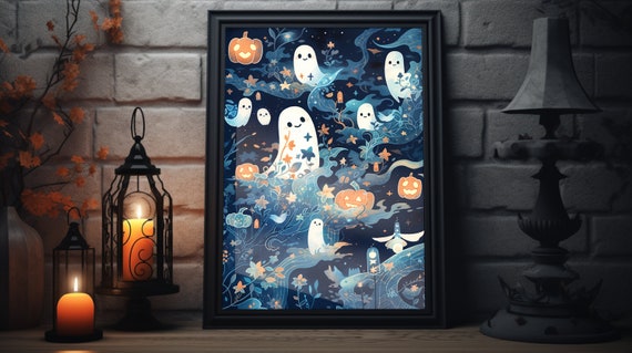 Ghosts Pumpkins Matte Art Print Vintage Ghost Folk Art Poster Cute Ghost Wall Art Halloween Pumpkin Decor Ghost And Pumpkin Artwork