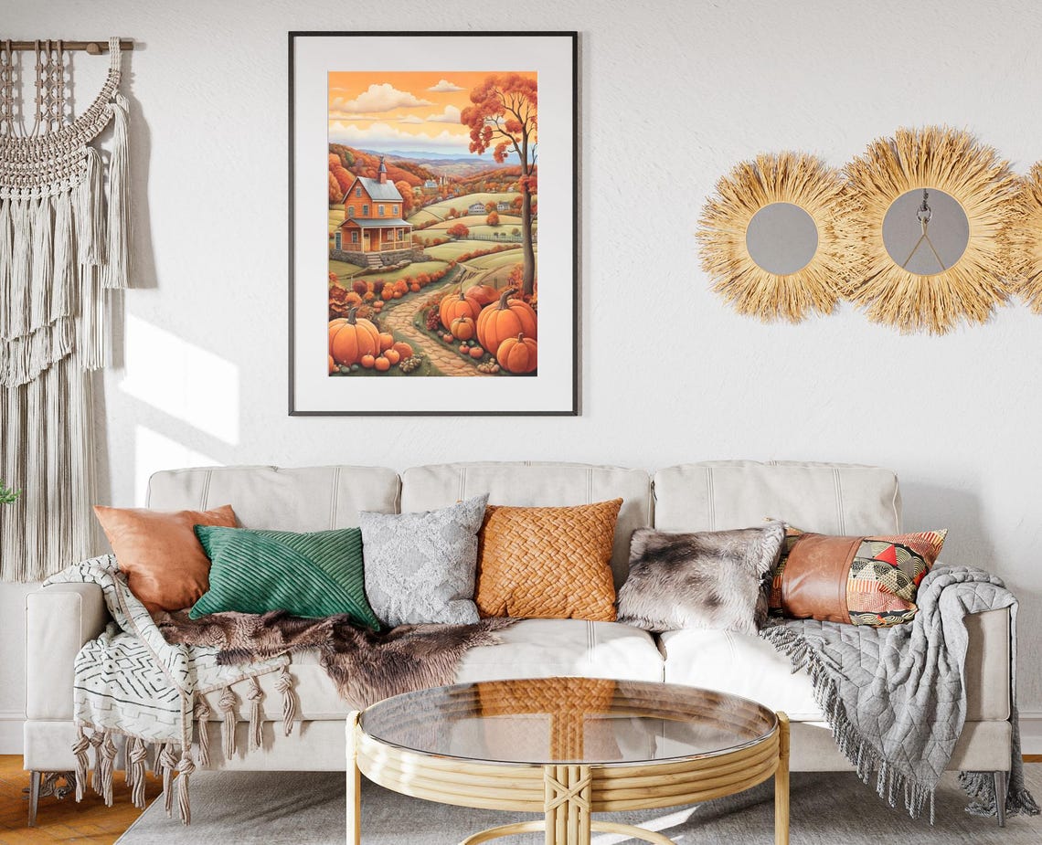 Autumn Farmhouse Hill Valley Sunset Pumpkin Patch Art Poster - Image 2
