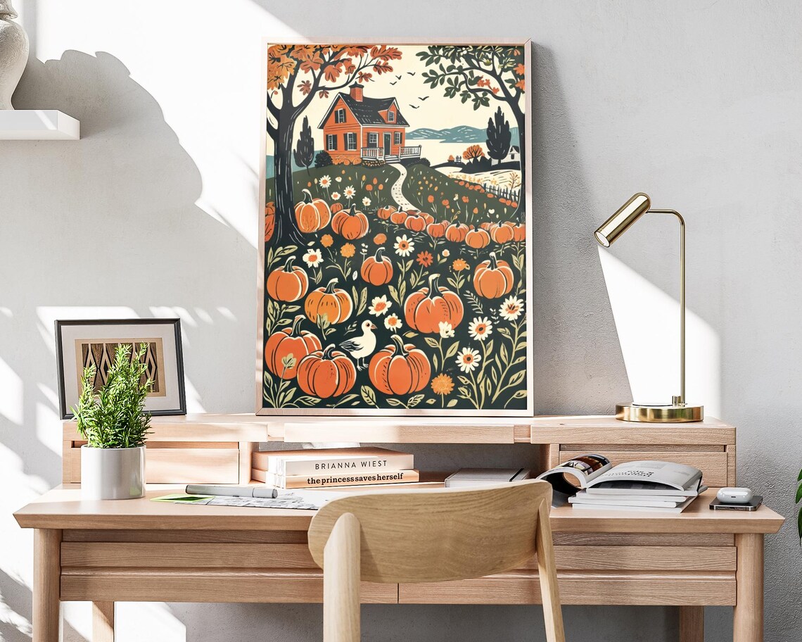 Orange Farmhouse On Hill Surrounded By Pumpkin Patch Autumn Folk Art Poster - Image 4