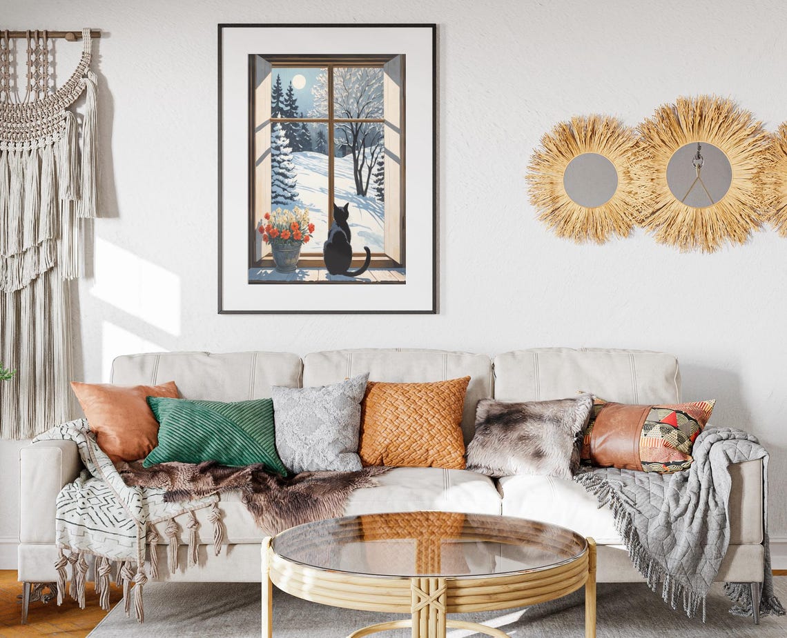 Black Cat Window Watching Snowy Moonlit Forest Winter Art Poster - Image 2