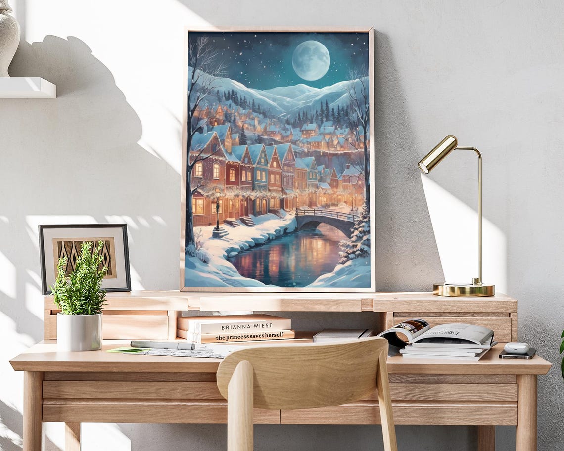 Winter Moonlit Snowy Village With Full Moon Frozen Stream Poster - Image 4