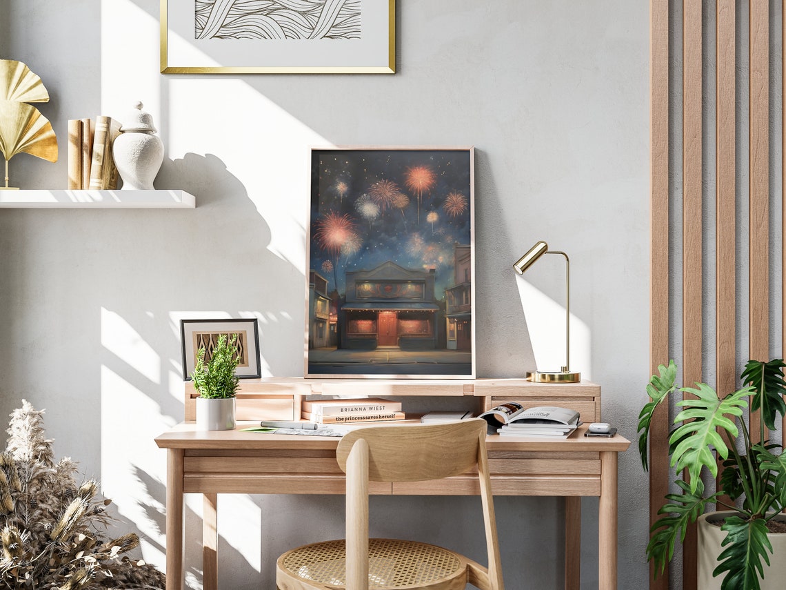 Small Town Storefront Fireworks Night New Year Street Scene Poster - Image 4