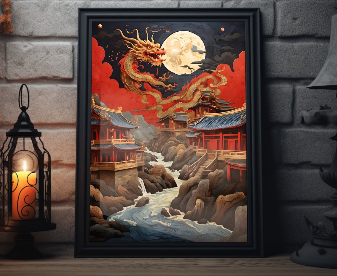 Chinese Dragon Moon Temples River Night Lunar New Year Poster