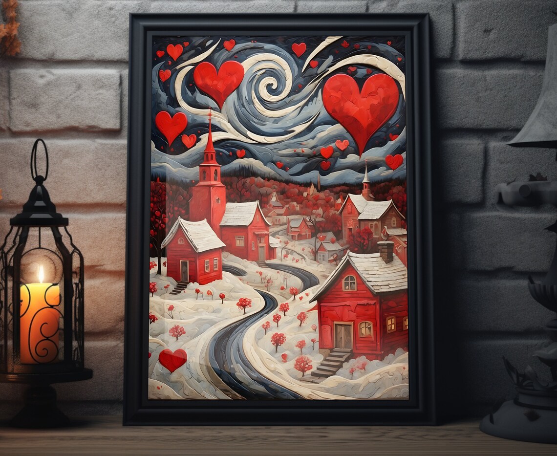 Valentines Starry Night Hearts Snowy Red Village Romantic Art Poster