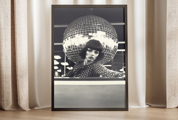 Disco Ball Pool Table Poster 70s Art Print Billiards Wall Decor Retro Artwork Black And White Design Gift For Game Room