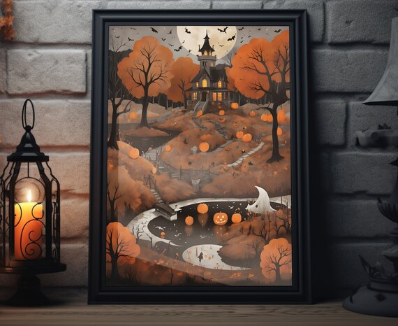 Haunted Hilltop House With Pumpkins Halloween Night Art Poster