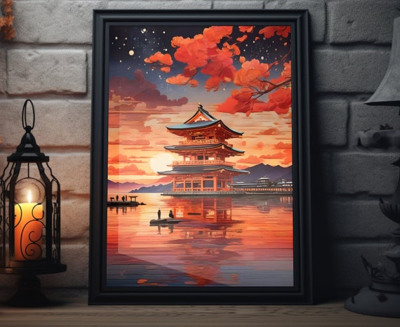 Japan Starry Sunset Matte Wall Art Japanese Lakeview Artwork Japanese Shrine Print Tokyo Painting Japanese Decor Japan Art Poster