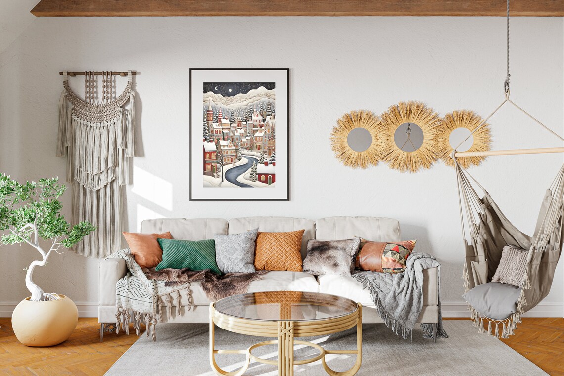 Folk Art Christmas Town Night Snowy Village River Moon Holiday Poster - Image 2