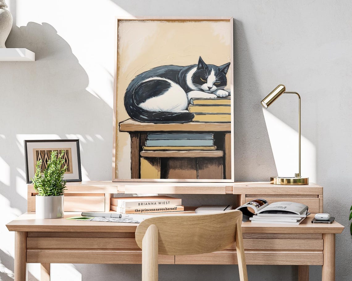 Black And White Cat Sleeping On Stack Of Books Cozy Wall Art Poster - Image 4