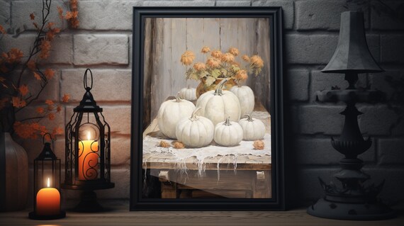Rustic White Pumpkins Still Life Painting Fall Flowers Farmhouse Table Poster