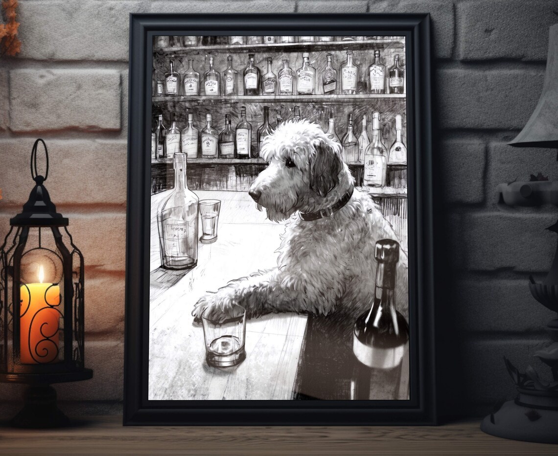 Doodle Dog Sitting At Bar With Whiskey Glass Black White Poster