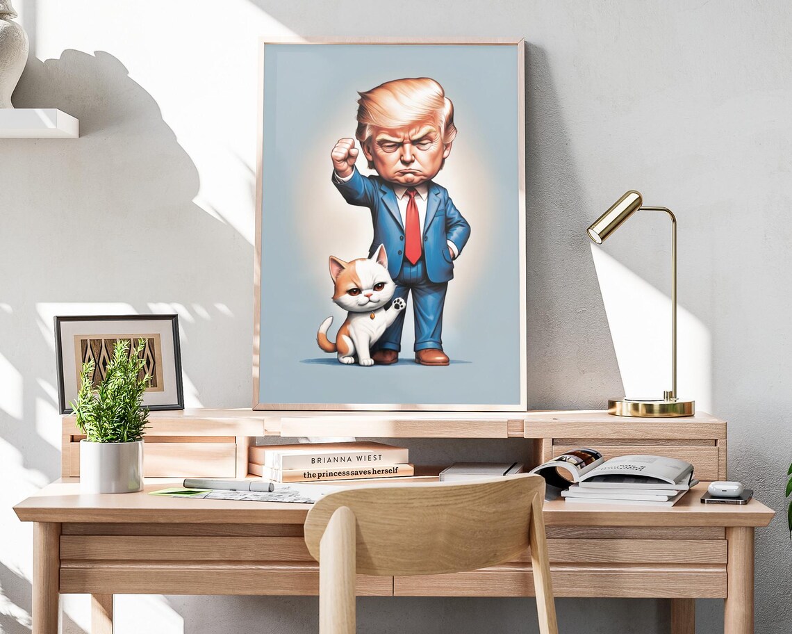 Donald Trump Cartoon Caricature With Cute Orange Cat Funny Art Print - Image 4