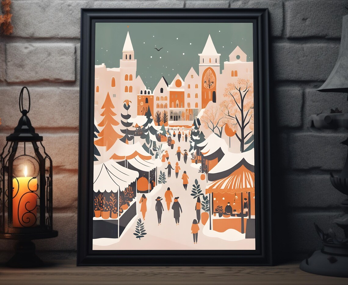 Boho Winter Christmas Market Old Town Square Snowy Holiday Poster