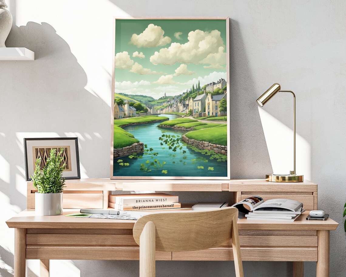 Ireland Winding River Village Stone Walls Shamrock Folk Art Poster - Image 4