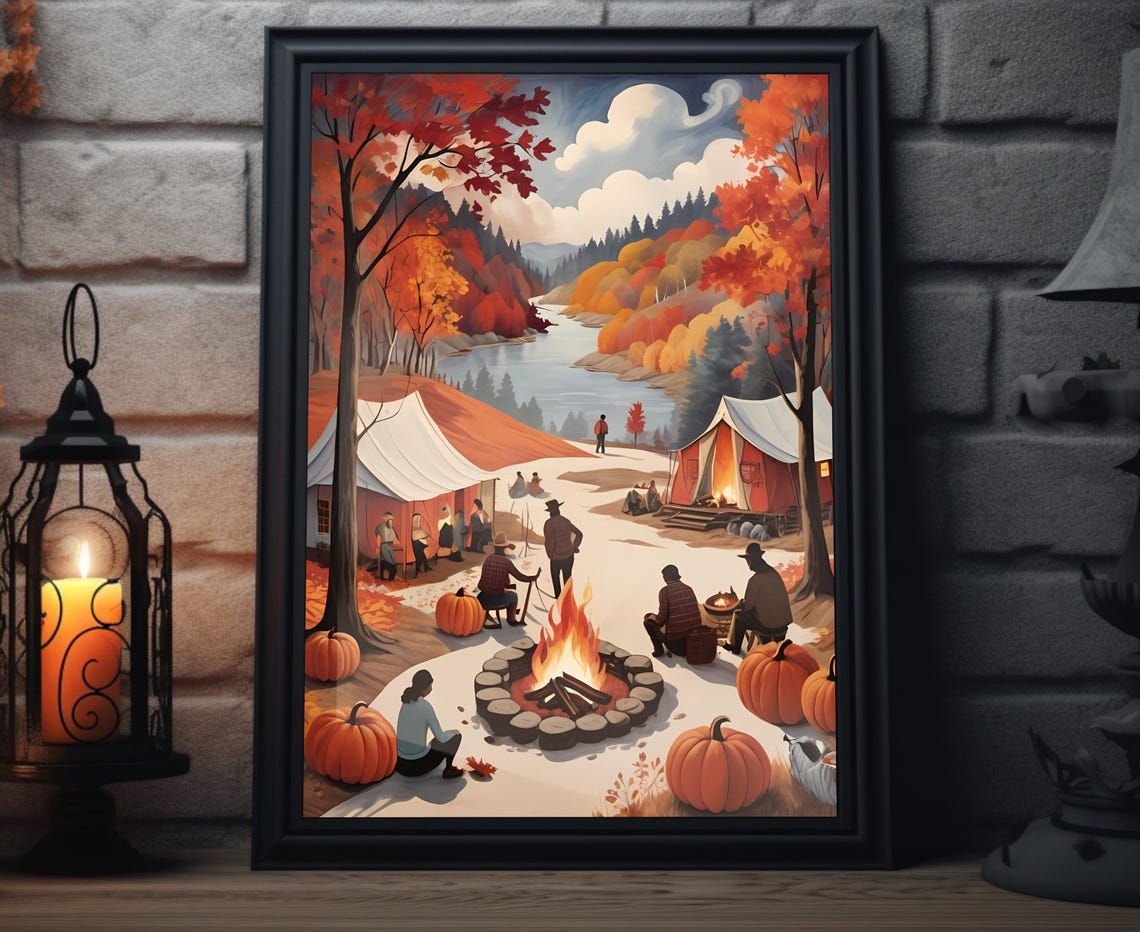 Fall Autumn Campfire Lakeside Folk Art Pumpkin Gathering Poster