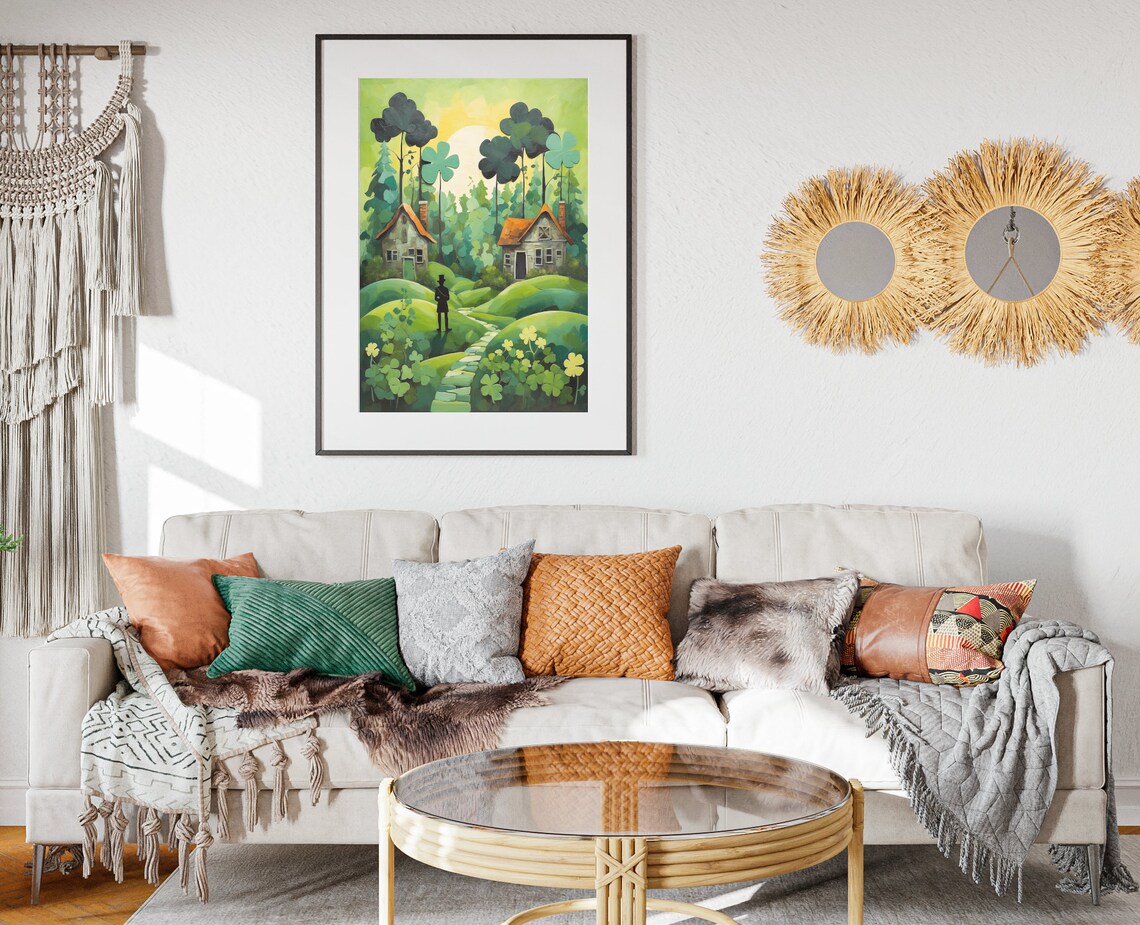Ireland Whimsical Cottage Valley Clover Trees Leprechaun Folk Art Poster - Image 2