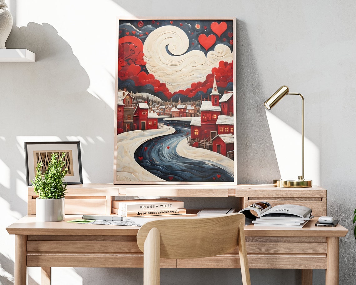 Valentines Snowy Village Red Houses Swirling Moon Folk Art Poster - Image 4