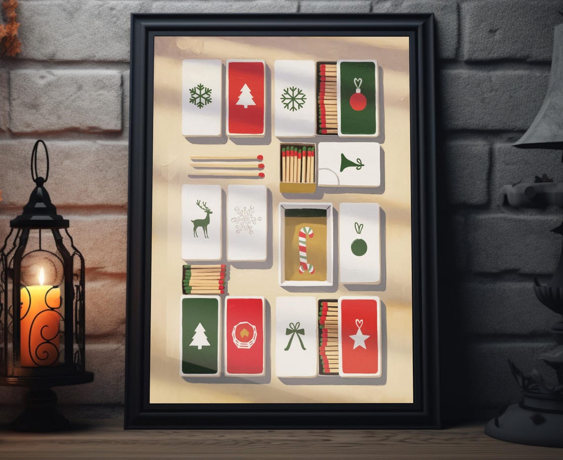 Christmas Matchbox Collection Red Green Cream Holiday Wall Art