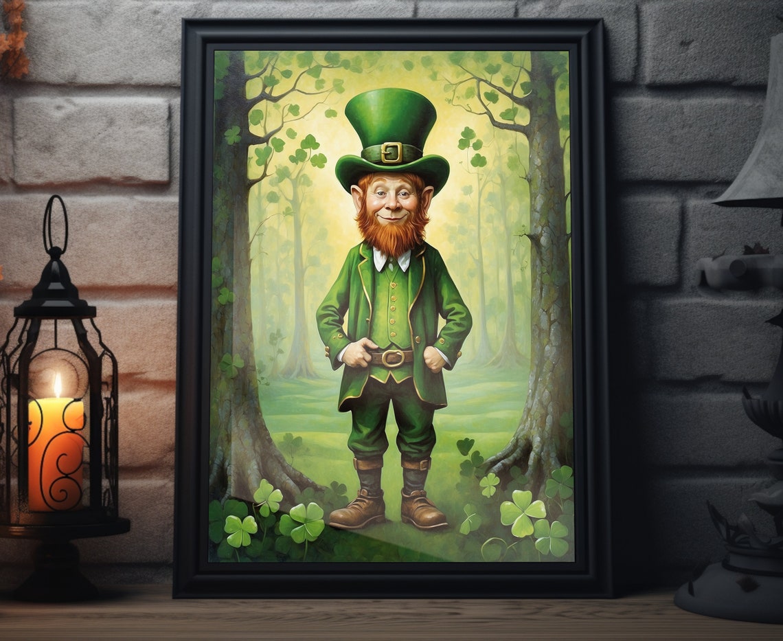 Cheerful Leprechaun Shamrock Forest St Patricks Day Folk Art Poster