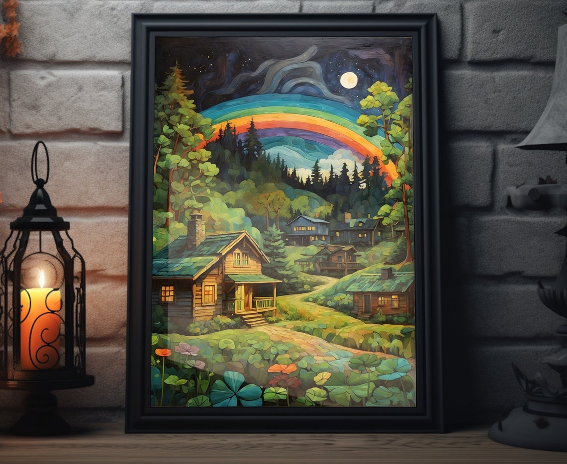 St Patricks Day Moonlit Forest Cabins Rainbow Night Folk Art Poster