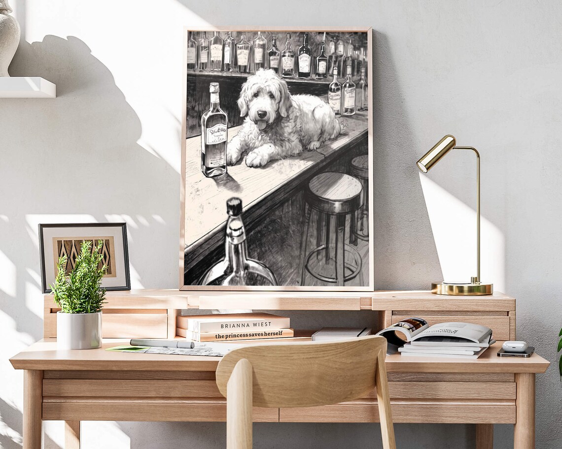 Golden Doodle Dog Bar Cart Art Print, Black and White - Image 4