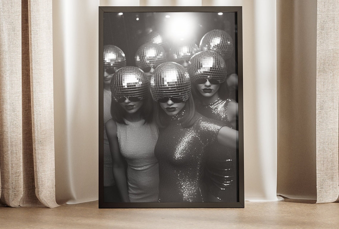 Disco Ball Helmet Women Group Black White Retro Nightclub Glam Poster