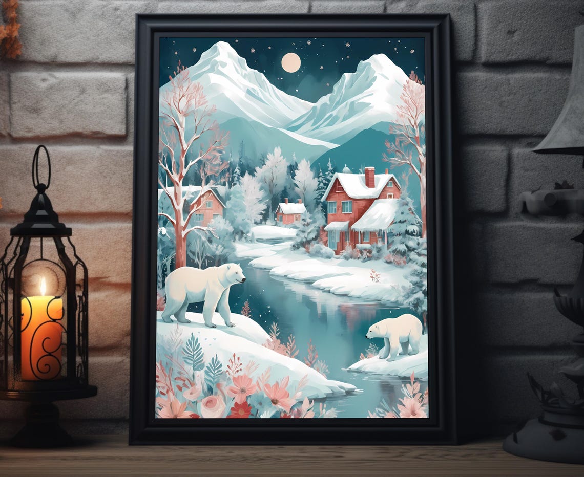 Polar Bears Moonlit Snowy River Cabins Winter Wildlife Poster