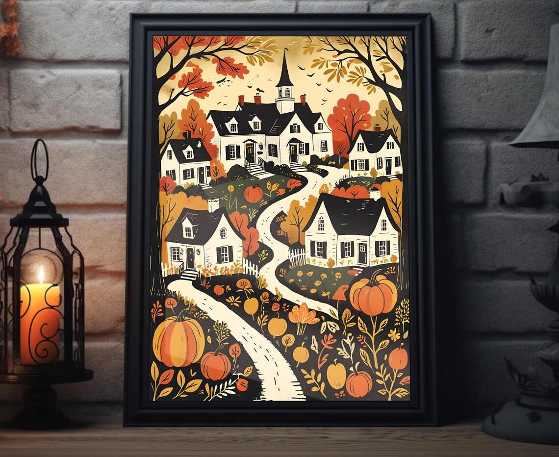 Autumn Town Woodcut Art Print, Fall Pumpkin Scene