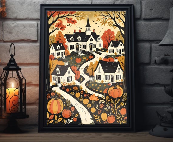 Autumn Town Woodcut Art Print, Fall Pumpkin Scene