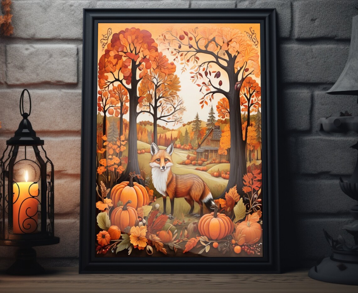 Fall Forest Fox Folk Art Poster Print, Autumn Decor